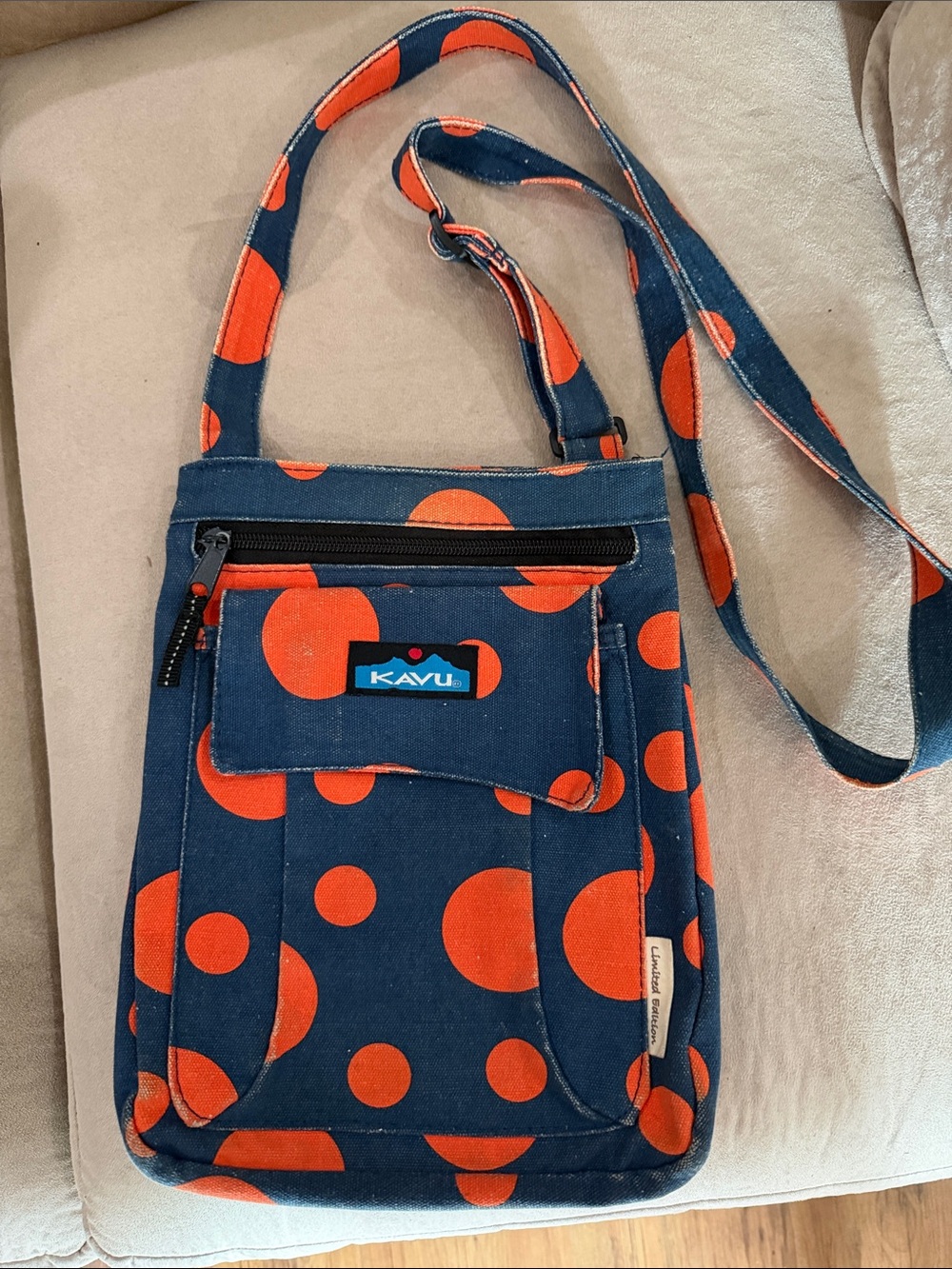 Kavu Navy Crossbody with Bright Orange Polka Dots